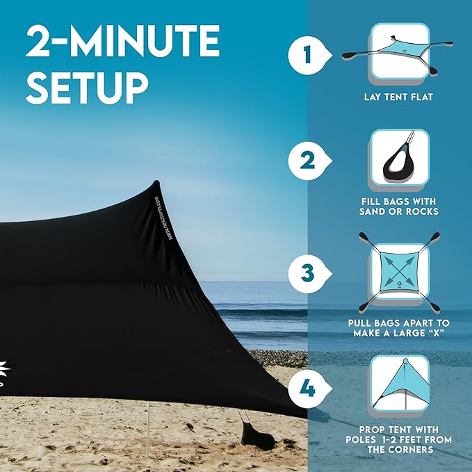 Neso Gigante - Portable Beach Tent - Ideal to Enjoy with Family and Friends - UPF 50+, Water-Resistant, and Lightweight - Black, 11' x 11'