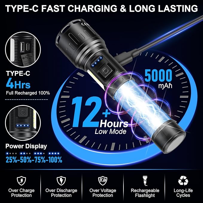 Rechargeable Magnetic Flashlights High Lumens, Super Bright LED Powerful Flashlight 8 Modes with COB Work Light, Waterproof Handheld Flash Light for Camping (2 Pc with Leather Box, Black)