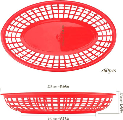 60 Pack Red Plastic Oval Fast Food Baskets - 9x5.7x1.6 Inch, Perfect for Picnic, Deli Serving, Chicken, Burgers and Fries