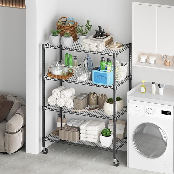 Himimi 18" D×36" W×72" H Storage Shelves with Wheels Metal Wire Shelving Unit 4 Tier Adjustable Shelving Heavy Duty Garage Shelf Organizer Rack Loads 1600LBS，Black