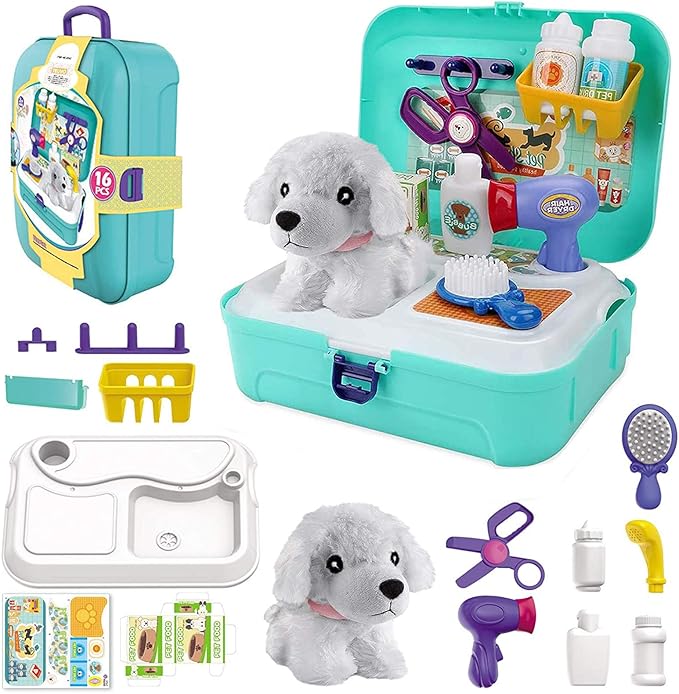 TEUVO Pet Care Play Set Doctor Kit for Kids, 16 Pcs Doctor Pretend Play Vet Dog Grooming Toys Puppy Dog Carrier Feeding Dog Backpack Gifts for Girls Boys 3-7 Years Old