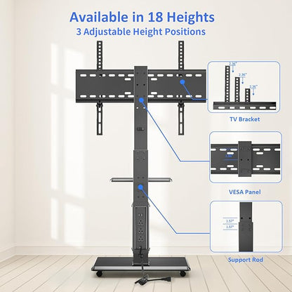 Rolling TV Stand with Power Outlet, Mobile TV Cart