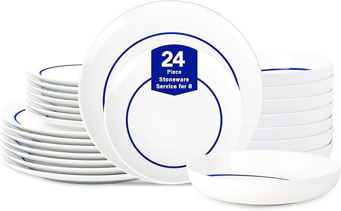 Stone Lain Luna 24-Piece Porcelain Dinnerware Set, Plates and Bowls Set, Dish Set for 8, Blue