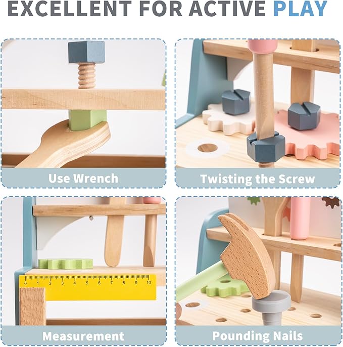 ROBOTIME Tool Bench Set for Toddlers - Mini Wooden Work Bench for Kids, Construction Toys w/Wooden Tools, Educational Pretend Play Gift Building Toy Tools Set for 18 Months 2 3 4 5 Boys Girls