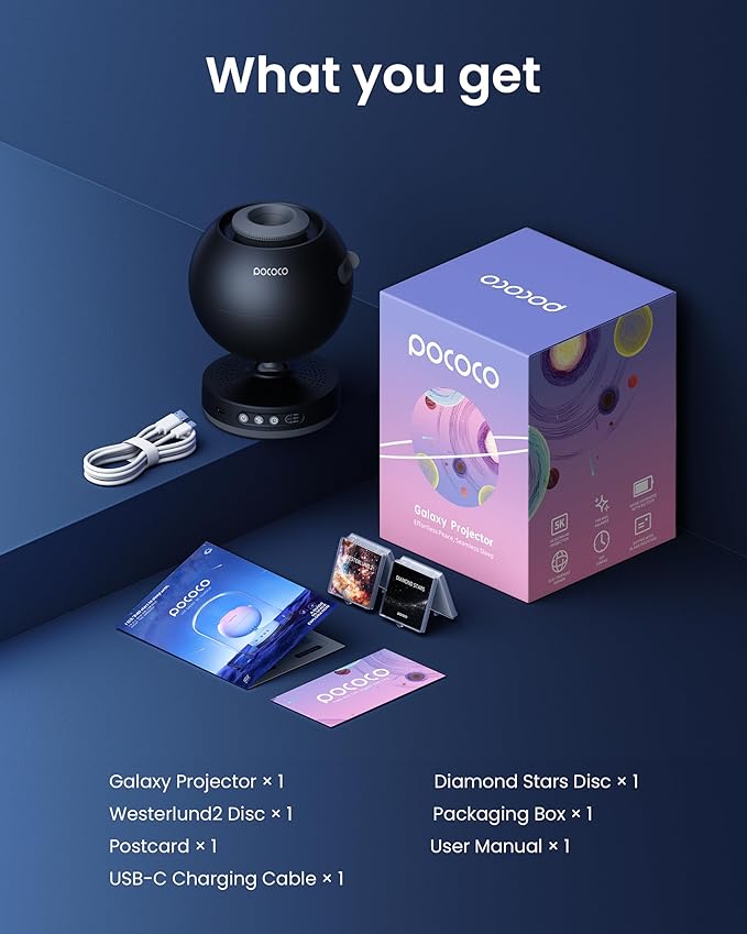 POCOCO Galaxy Star Projector for Bedroom with Replaceable Optical Film Discs, Home Planetarium Night Light Projector with High-Definition Soft Light for Relax, Study, and Meditate, Stress Relief Gifts