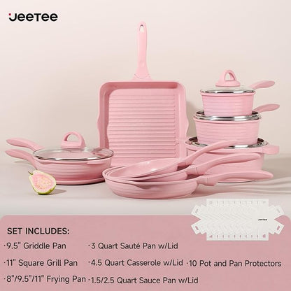 JEETEE Pink Pots and Pans Set Nonstick 23pcs, Healthy Kitchen Cookware Sets