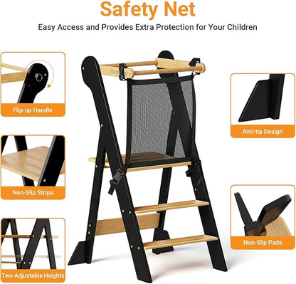 COSYLAND Foldable Toddler Kitchen Stool Helper - Height Adjustable Standing Tower for Bathroom Sink or Kitchen Counter - Step Stool for Toddlers Ages 18 Months to 6 Years Black & Natural