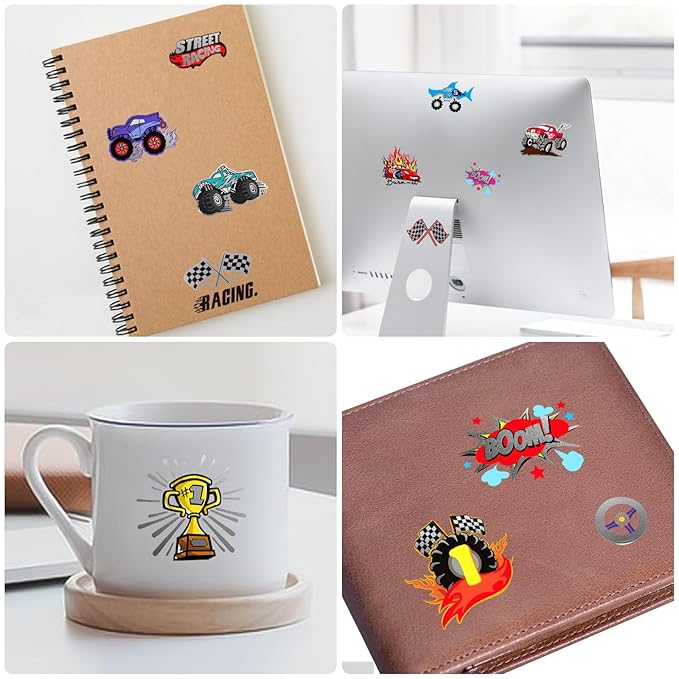 Temporary Tattoos for Kids, 75 PCS Truck Tattoos for Hot Wheel Birthday Party Decoration Favor, Metallic Tattoos, Monster Truck, Car Racing, Checkered Flag, Flames Tattoo for Boys Girls