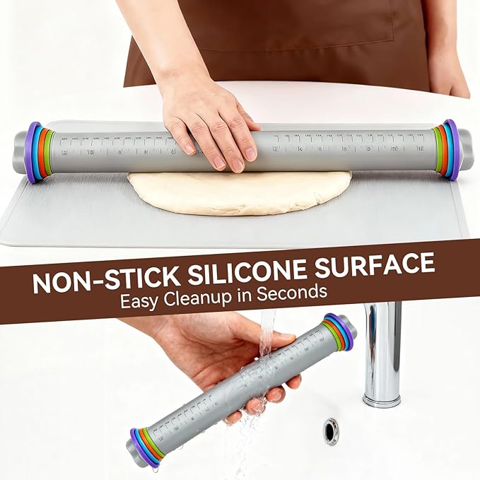 Adjustable Rolling Pin with Thickness Rings, 12.8" Silicone Non Stick Dough