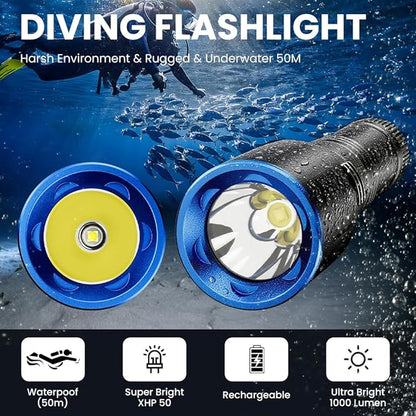 1000 Lumens Dive Light, Waterproof IPX8 100M, Rechargeable LED Flashlight with 11° Beam Angle, Underwater Scuba & Snorkeling Torch for Diving, Caving, and Emergency Use