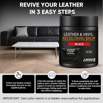 Leather Recoloring Balm - Scratch Repair & Color Restore Kit for Faded Leather, Leather Couch & Car Seats - 12OZ Leather Restorer Balm for Furniture, Auto Interior, Vinyl, Accessories (Black)
