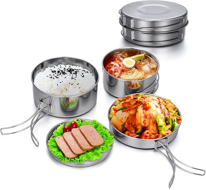 Lixada Camping Cookware Set, 4PCS Portable Stainless Steel Camp Cook Set, Lightweight Stackable Camping Pots and Pans Plate Set Camping Gear for Outdoor Backpacking Camping Hiking Picnic