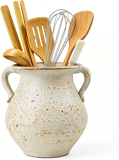 Rustic Kitchen Utensil Holder for Countertop, 7.6x4.9In Large Ceramic Cooking