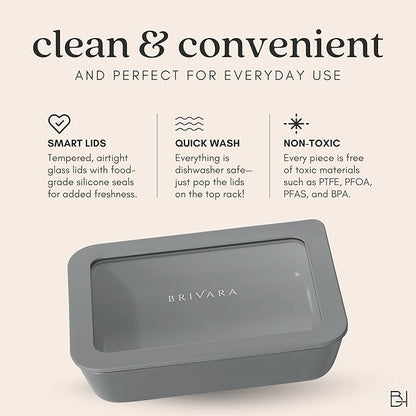 Ceramic Coated Glass Food Storage Container | No PTFE, PFOA, PFAS, and BPA | Reusable Non Toxic Meal Prep Container with Glass Lid | Easy To Store | 8 Cup Square [Smoke]