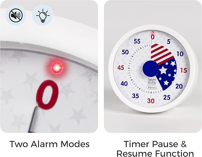 TWENTY5 SEVEN Countdown Timer 3 inch, Silent 60 Minute 1 Hour Visual Timer with Pause, Magnetic Classroom Teaching Tool Office Meeting, Countdown Clock for Kids Time Management, Red White and Blue