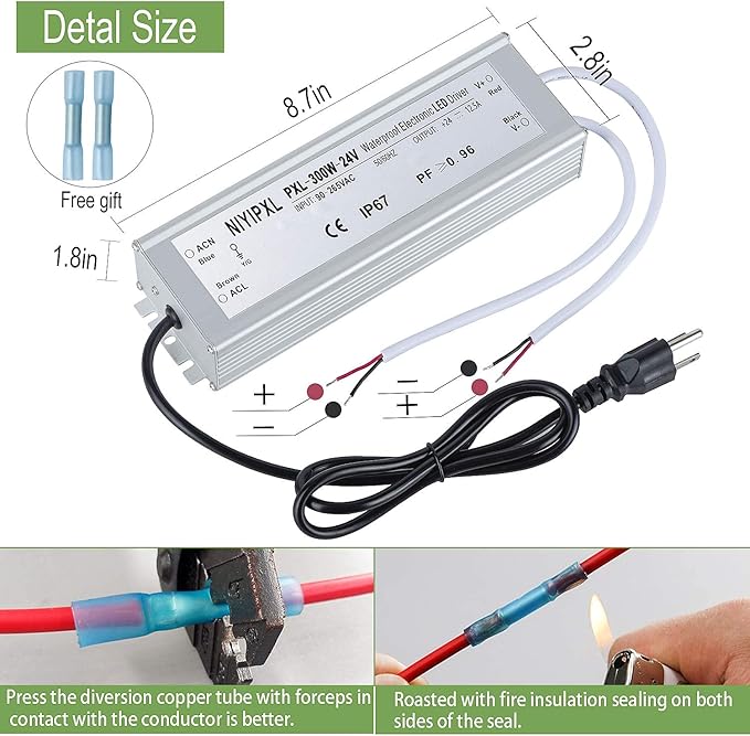LED Driver 300 Watts 24V DC Transformer， Waterproof IP67 Power Supply, 24V DC