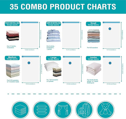 35 Pack Space Saver Bags (5 Jumbo/6 Large/6 Medium/6 Small/6 Roll-M/6 Roll-S) Compression Storage Bags for Comforters and Blankets, Vacuum Sealer Bags for Clothes Storage, Hand Pump Included
