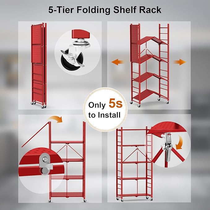 Storage Shelves with 20 Hooks, 5-Tier Foldable Shelves