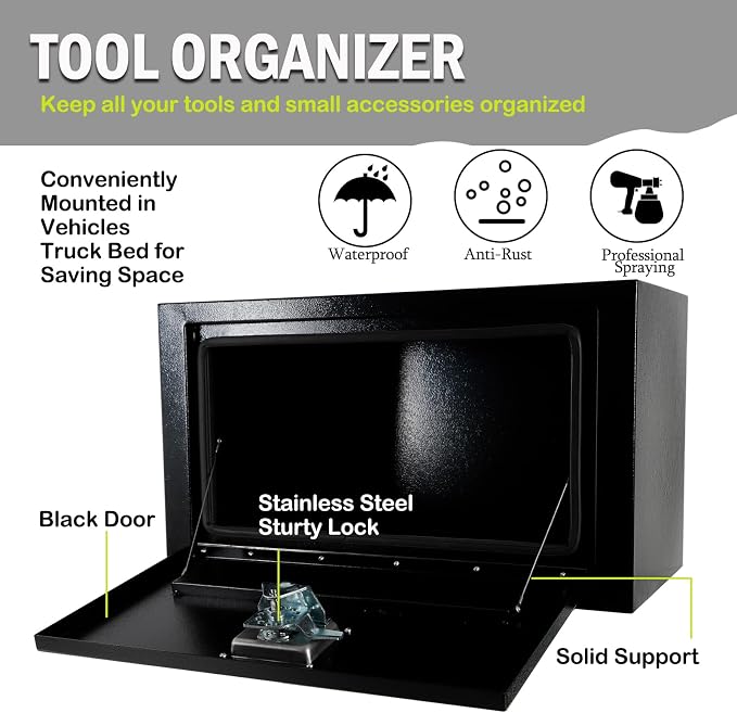 24 Inch Steel Underbody Truck Box w/T-Handle Latch, Contractor Toolbox For Organization And Storage, Job Tool Chest, 24"x 18"x 18" inch Black