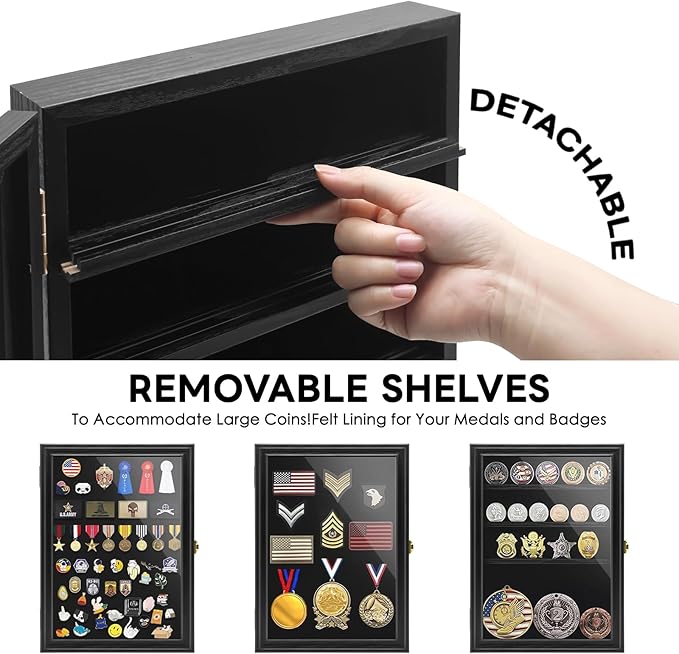 PiaoHao Medals Display Case Wall Frame for Collector, Military Challenge Coins Holder, Pins, Lockable Shadow Box with Removable Shelves, Black