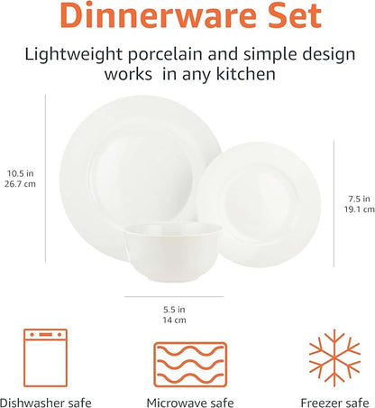 Amazon Basics Kitchen Dinnerware Set, Microwave and Dishwasher Safe, Plates, Bowls, Service for 6, 18-Piece, White