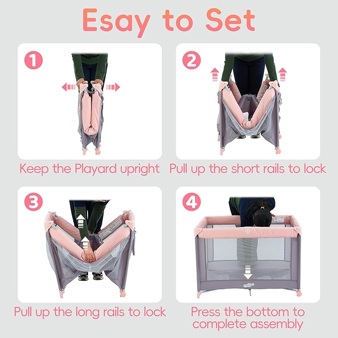 Pamo Babe Portable Playard with Mat Pad and Toy Bar Pink Play Yard for Baby