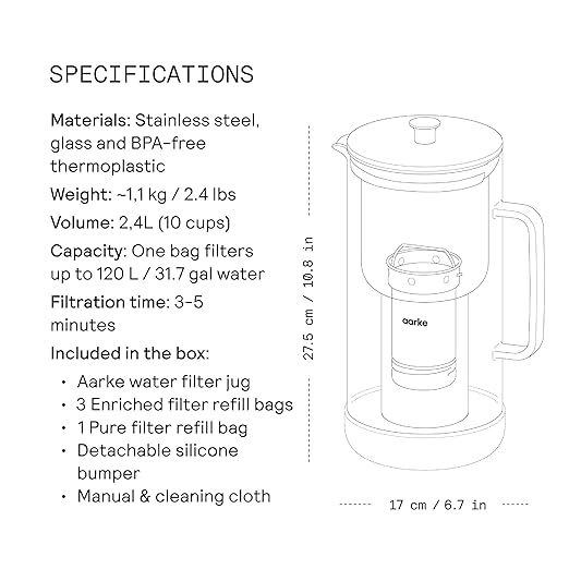Aarke Purifier Regular Glass Pitcher Bundle w/Steel Filter, 3 Enriched + 1 Pure