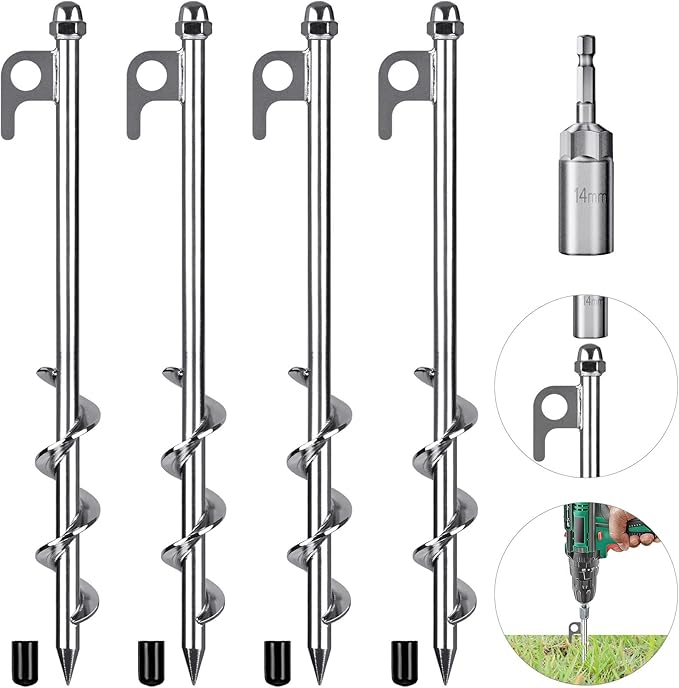 4 Pack Tent Stakes, 12 Inch Heavy Duty Ground Anchors, Fully Welded Spiral Earth Anchors for Camping Tents, Trampolines, Sheds, Swing Sets, Securing Animals