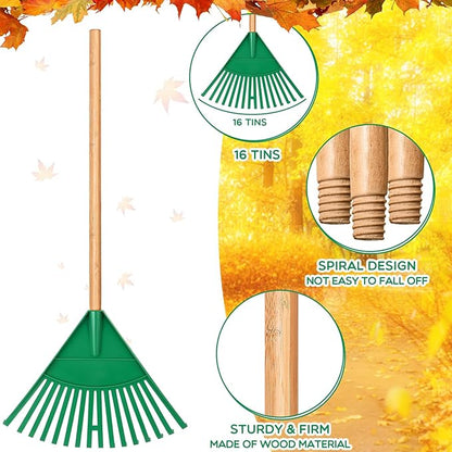 Macarrie Pack of 3 Kids Rakes with Hardwood Handle Lawn Garden Rake for Kids Gifts to Sweep Fall Leaves in Lawn and Tidying up The Garden Made of Wood and Plastic, 34.6 Inch (Green)