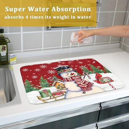 Winter Snowman Dish Drying Mat Red Bird Microfiber Dish Pad 18x24 Inch