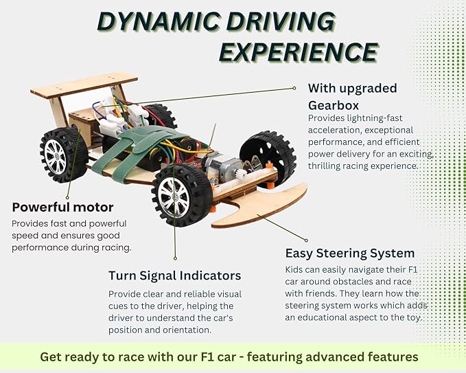 Wooden Wireless Remote Control F1 Racing Car Science Kit to Build (Green), STEM Project for Kids Aged 8 9 10 11 12 13, Science Building Kit Gift for Boys and Girls