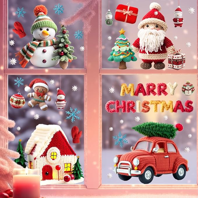 Christmas Window Stickers Fun Christmas Window Clings Decor Set-Vibrant Santa, Woolen Tree Car House, Reindeer & Snowman Static Decals-Removable - Safe for Home, Office, School Indoor Use