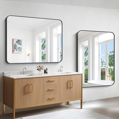 Bathroom Mirror, 48x36 inch Black Rectangle Wall Mirror, Metal Frame Rounded