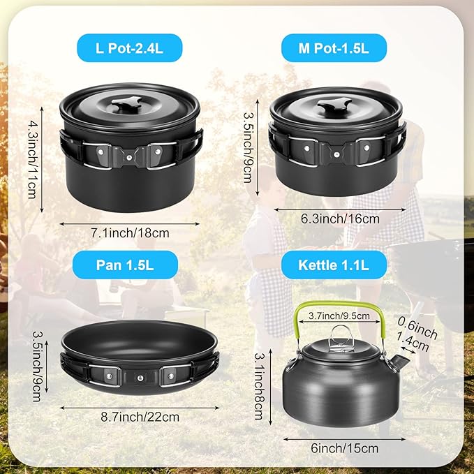 Gejoy 42 Pcs Camping Cookware Mess Kit, Non Stick Lightweight Pots Pan Kettle, Collapsible Water Container and Bucket, Stainless Steel Cups Plates Forks Knives Spoons for Outdoor Backpacking Picnic