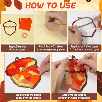 Qyeahkj 36 Set Fall Acorn Suncatchers Crafts for Kids DIY Autumn Window Tissue Paper Craft Kit Hanging Decor for Thinkgiving Home Activity Art Project Birthday Party Favor Gift