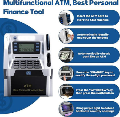 Blingbin Upgraded ATM Piggy Bank for Kids, ATM Bank Machine for Real Money with Debit Card, Bill Feeder, Coin Recognition, Balance Calculator, Electronic Saving Safe Machine Box for Boys Girls Gift