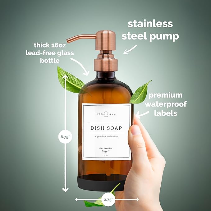 Vine Creations Amber Glass Soap Dispenser, 2 Pack Kitchen Soap Dispenser Set