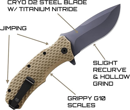Off-Grid Knives - Rapid Fire Coyote, Large Assisted EDC, Hard Use Construction, Camping and Survival, Cryogenic D2 Blade Steel, Titanium Nitride Coating with G10 Scales, Deep Pocket Carry