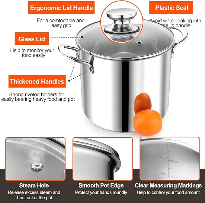 P&P CHEF 8 Quart Stainless Steel Stock Pot