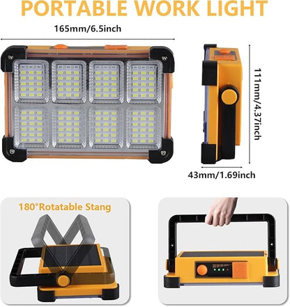 2 Pack 120W Solar Rechargeable Work Light, 144 LED 10000LM Portable Flood Light with Stand, IP66 Waterproof 4 Modes LED Job Site Lighting Flashlights for Mechanic Camping Fishing Car Repair