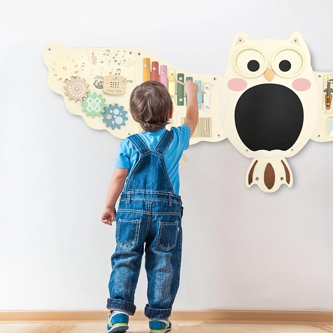 Owl Activity Wall Busy Board Panels, Montessori Sensory Toys, Toddler Learning Activity Center,Interactive Wooden Learning Toy for Toddler Playroom & Children's Daycare