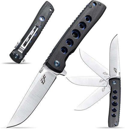 Eafengrow EF27 Folding knife, D2 Steel Blade Everyday Carry, Flipper Open, Liner Lock, G10 Handle Pocket Knifes with Clip for Camping Hiking(Black)
