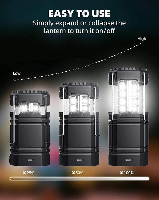 4 Pack Solar Camping Lantern with 1600mAh Rechargeable Battery, 30-Hour Runtime, 360° LED Tent Light & Super Bright Flashlight, Compact & Portable for Hiking, Emergency, Outdoor
