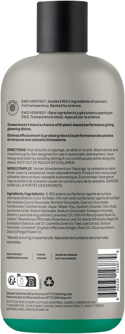 ATTITUDE Dish Soap, Infused with Essential Oils, Plant-Based Ingredients, EWG Verified, Great for Clean and Sparkling Dishes, Vegan Dishwashing Liquid, Lavender & Rosemary, 16.5 Fl Oz