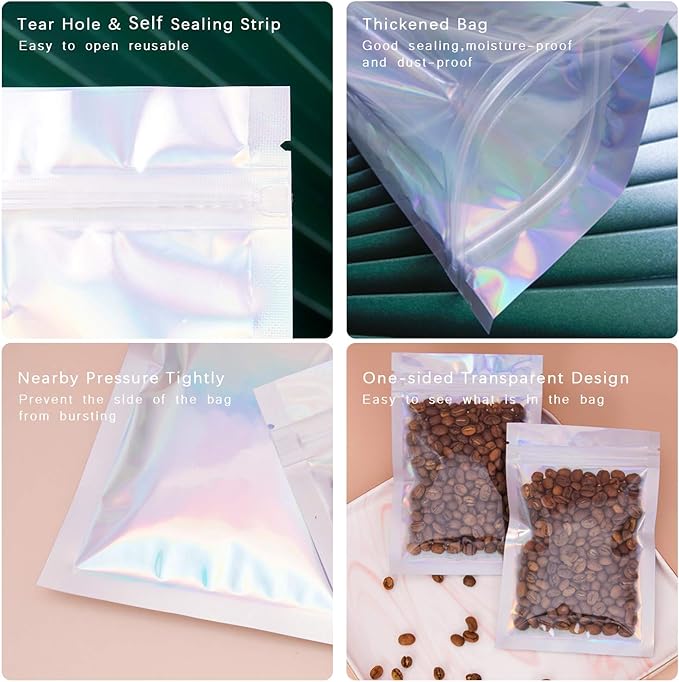 100 Pieces Resealable Smell Proof Bags - Foil Pouch Bags， Flat Clear Food Storage Plastic Packaging Foil Mylar Bags for Party Favor Food Storage (Holographic Color, 7x9 Inch)