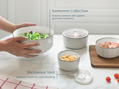 KooK Serving Bowls, with Lids, Ceramic Nesting Bowls, Microwave and Dishwasher