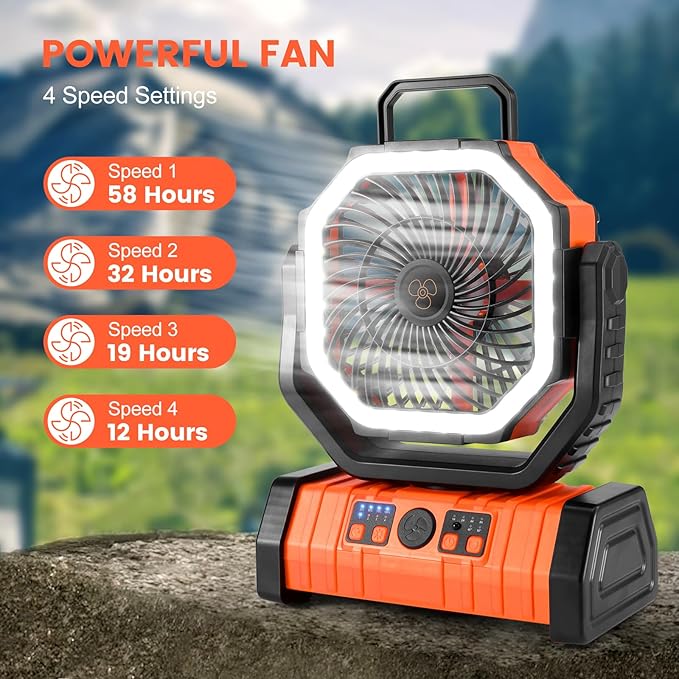 Odoland 30000mAh Camping Fan with LED Lantern, Rechargeable Battery Operated Oscillating with Remote Hook, Portable Tent Fan with Timer, 4 Speeds for Outdoor RV Jobsite Power Outage,Orange