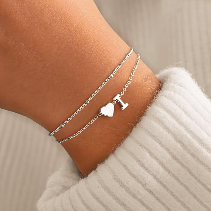 M MOOHAM Initial Heart Bracelets for Women - Layered Dainty 14K-Gold-Plated Heart Letter A-Z Charm Bracelets for Women, Chain Link Charm Bracelets Beaded Bracelets Birthday Gifts Womens Jewelry