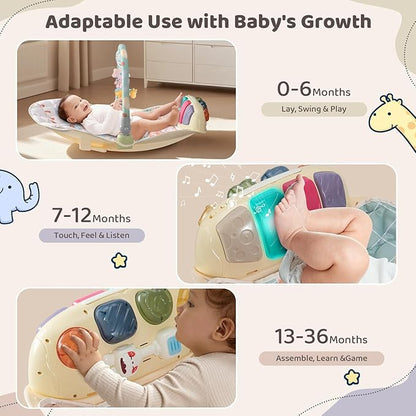 Baby Play Gym Mat with Multifunction Piano Music Box, Rocking Egg-Shaped Baby Activity Gym, Baby mat for floor with 4 Hanging Sensory Baby Toys, Early Sensory Development Play Mat for Infant & Newborn