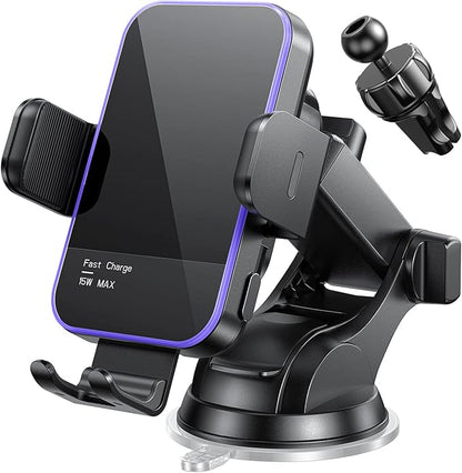 Wireless Car Charger,【7 Colored RGB Backlit】 Mosurr 15W Auto Clamping Phone Holders for Your car fit for iPhone 16 15 14 Mini Pro Max, Samsung Galaxy S25 Ultra S24 S23+, etc, Fathers Day for Gifts
